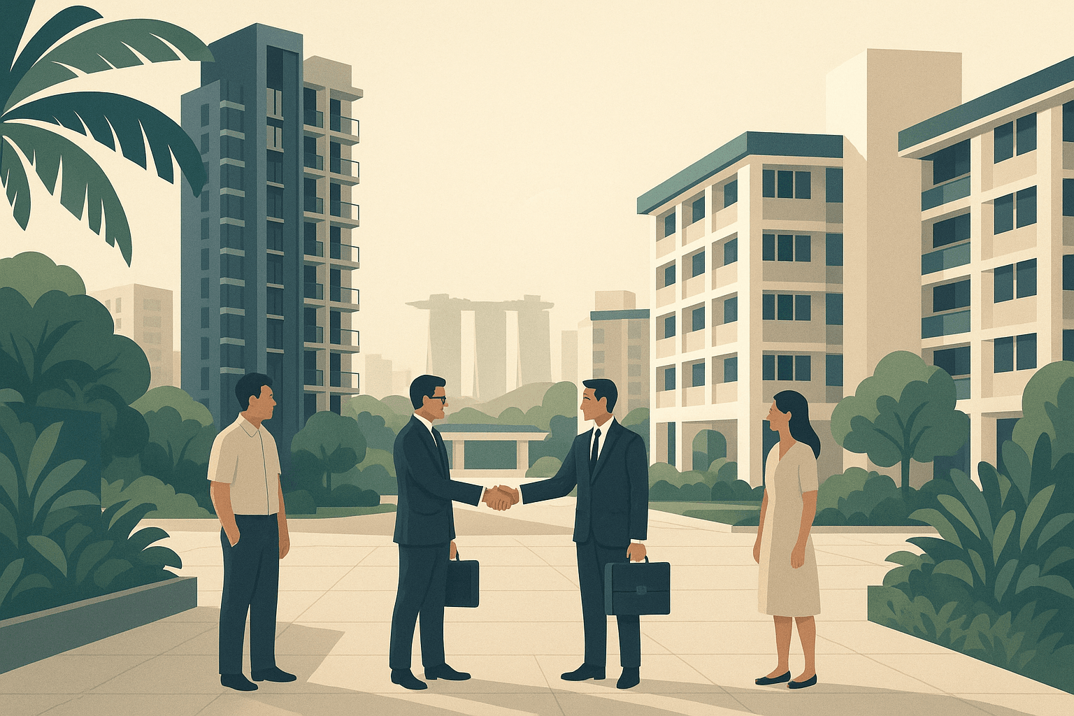 Editorial illustration of two property agents meeting in a Singapore residential plaza, each standing beside their own client, with condo towers, HDB blocks, soft greenery, and a faint city skyline in the background.
