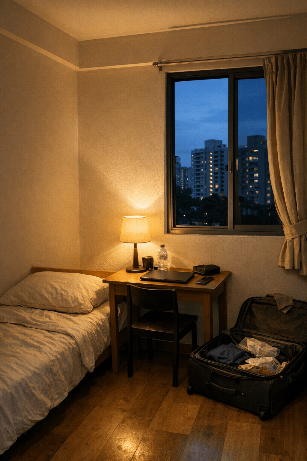 A small, tidy rented bedroom in Singapore at dusk with a single bed, a desk and warm lamplight through a window