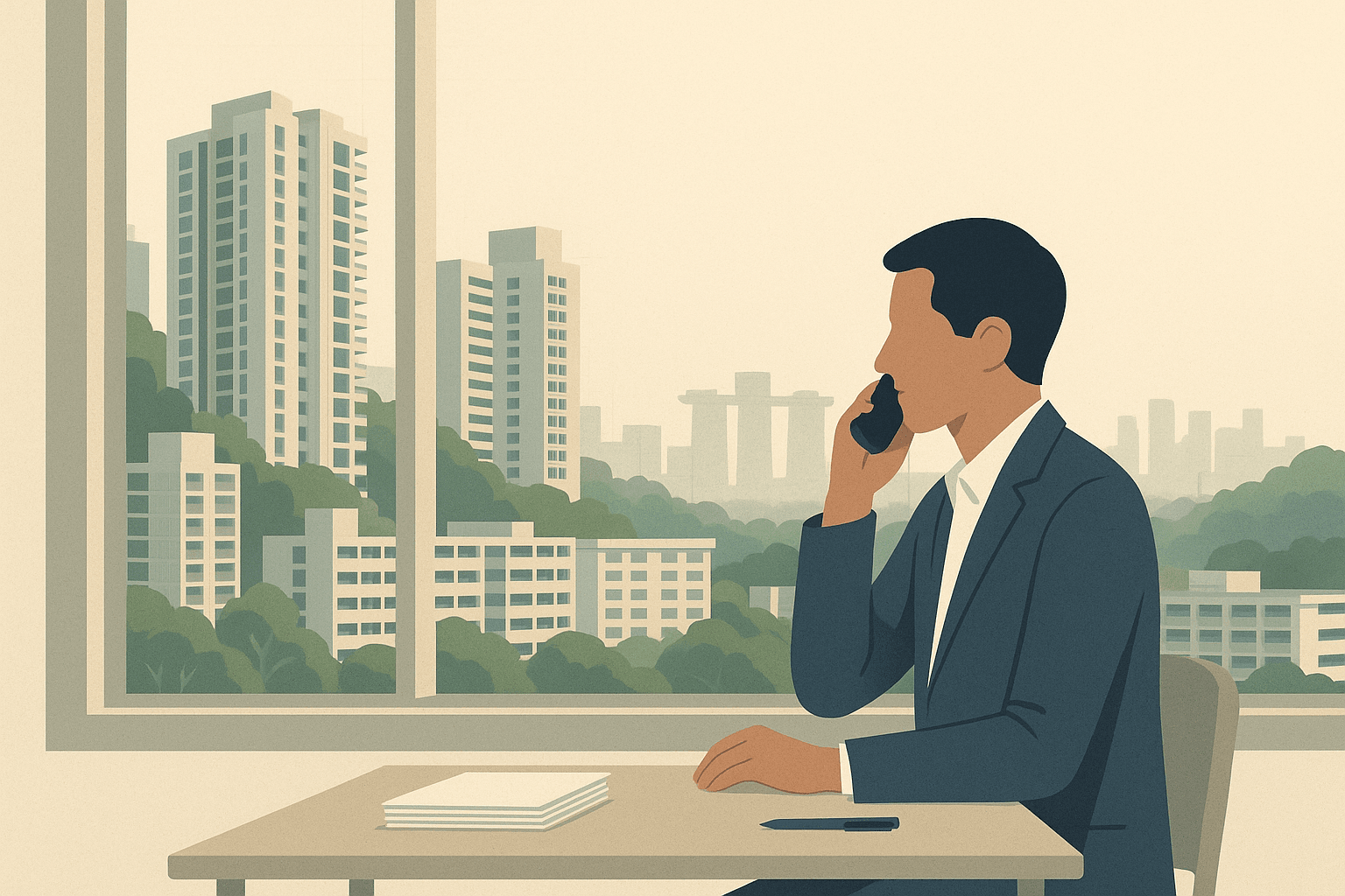 A professional property agent in Singapore makes a phone call at a minimal desk beside a window overlooking condominium towers, HDB blocks, tropical greenery, and a faint Marina Bay skyline.