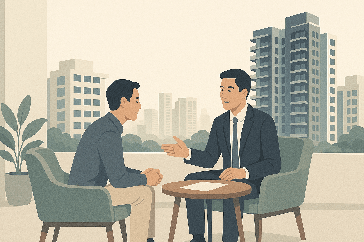 A Singapore property agent and client having a calm discussion at a small table, with condominium towers, HDB blocks, and tropical greenery in the background.