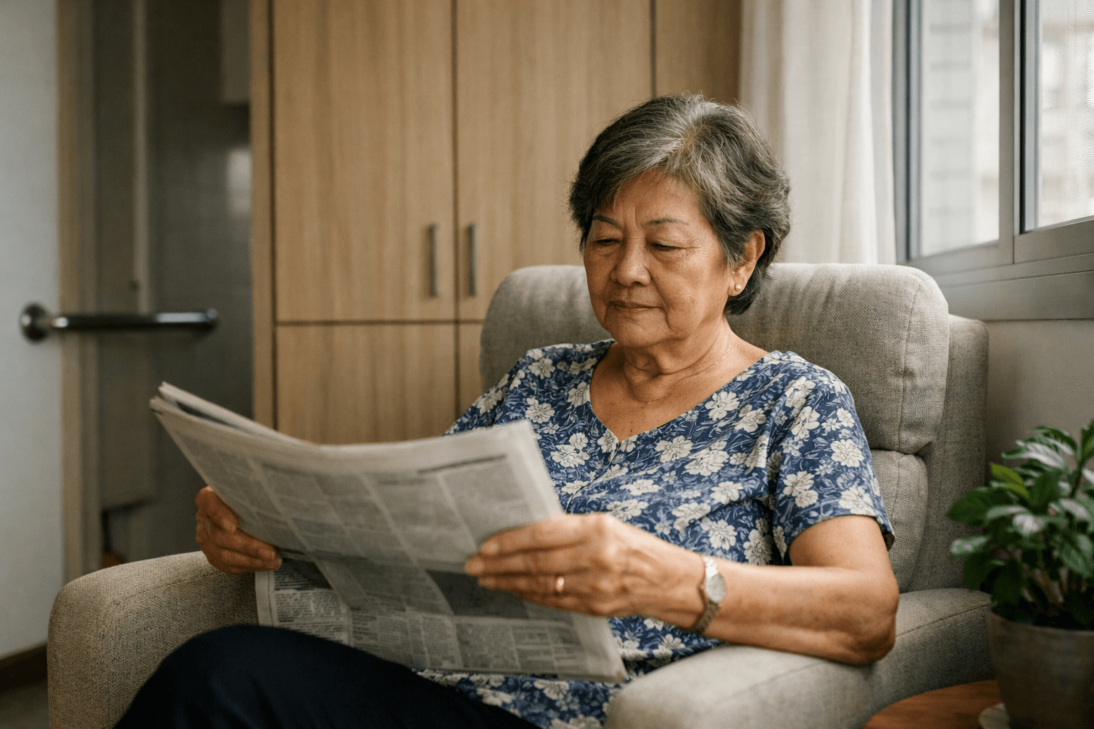 An older Singaporean woman reading by the window of a small, bright senior-friendly flat.