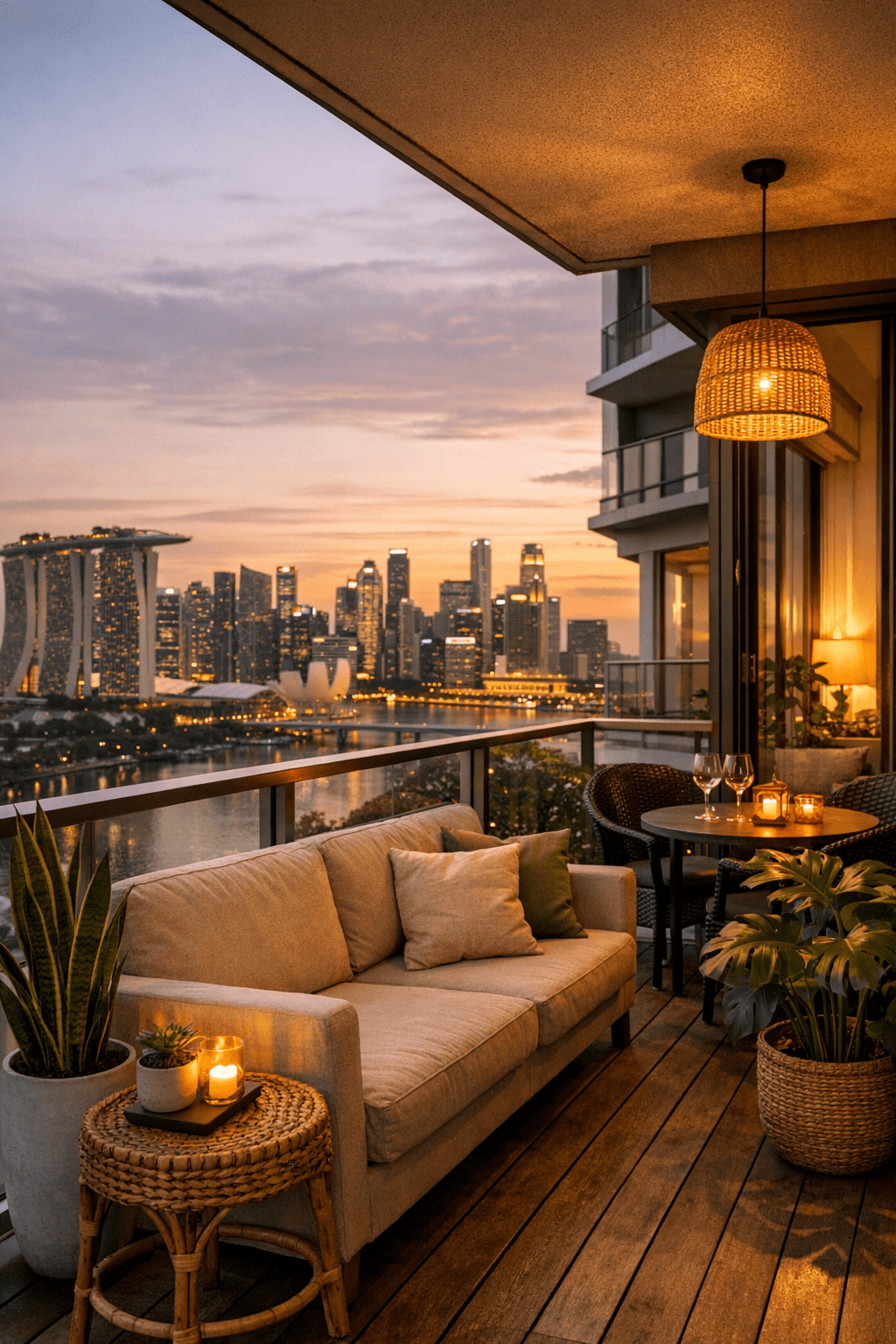 A modern Singapore condominium balcony overlooking the city skyline at golden hour, a comfortable rental-ready home