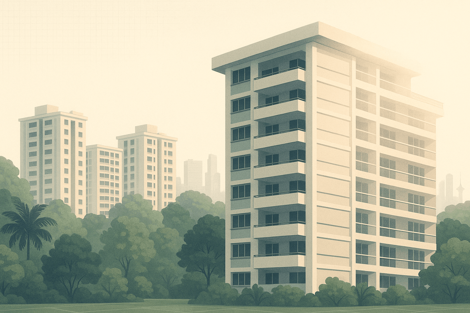 Editorial illustration of a mature Singapore condominium as the focal point, with nearby HDB blocks, tropical greenery, and a faint city skyline in soft light.