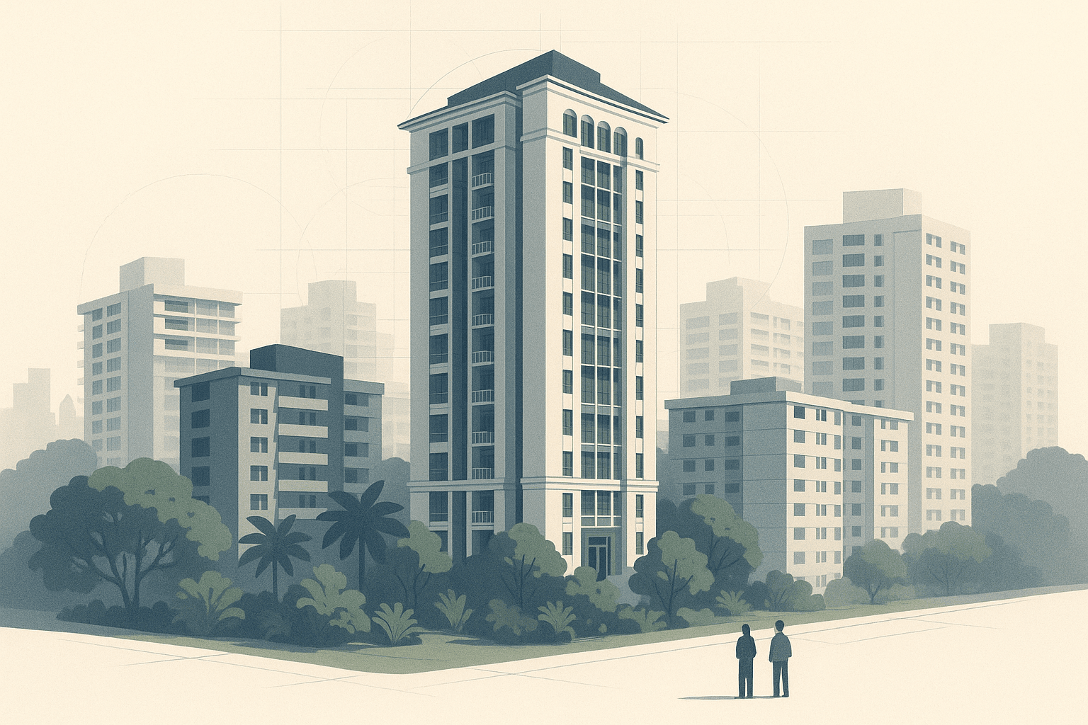 Editorial illustration of a Singapore condo tower being viewed by two small figures, with nearby HDB blocks, soft greenery, and faint comparison-style architectural linework in a calm research-led style.