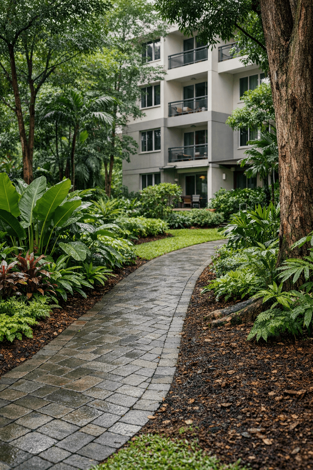 Lush landscaped common grounds of a low-rise Singapore condominium, mature trees and damp soil beside a garden path