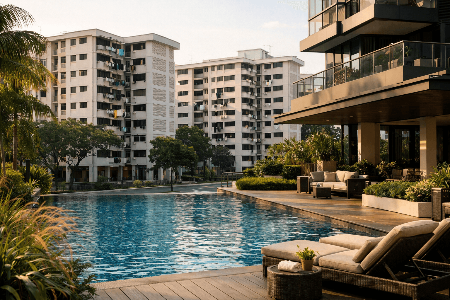 A condominium with a swimming pool in the foreground and HDB blocks across the road behind it.