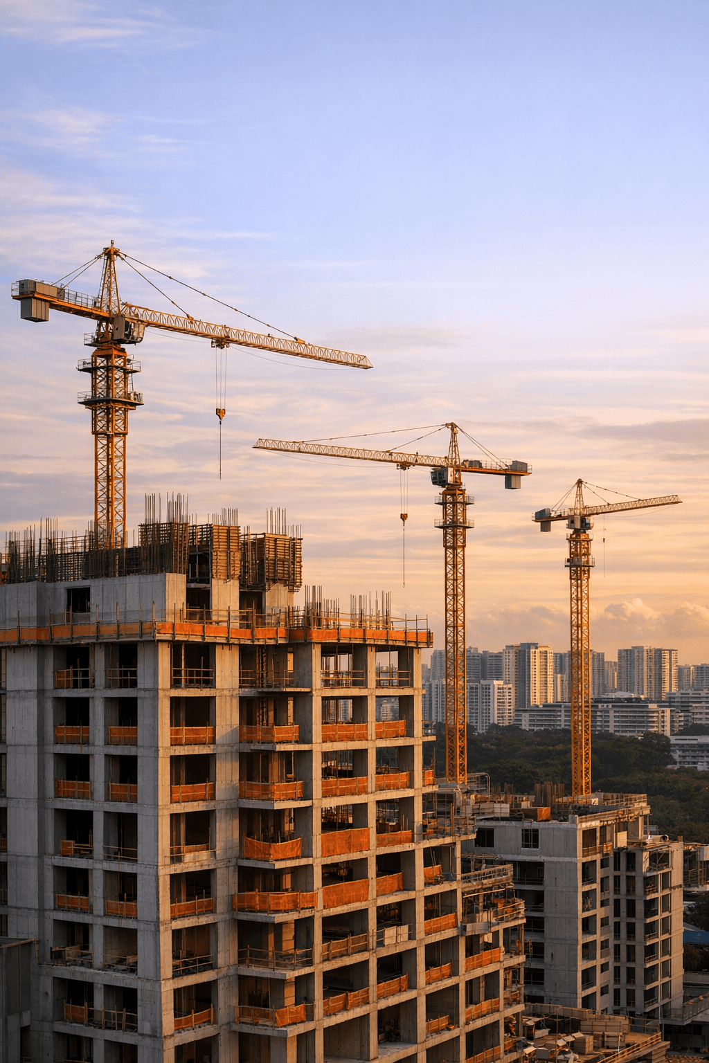 A Singapore residential construction site with tower cranes and a rising concrete frame at golden hour