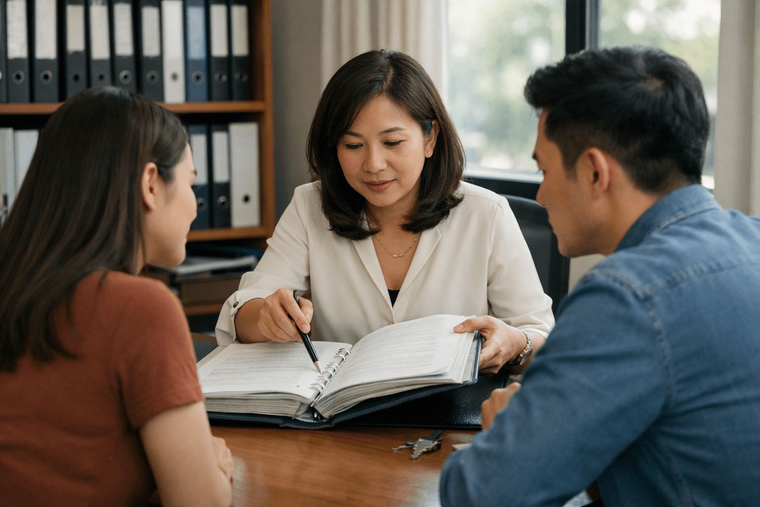 A lawyer going through property purchase documents with a client at a law office meeting table.