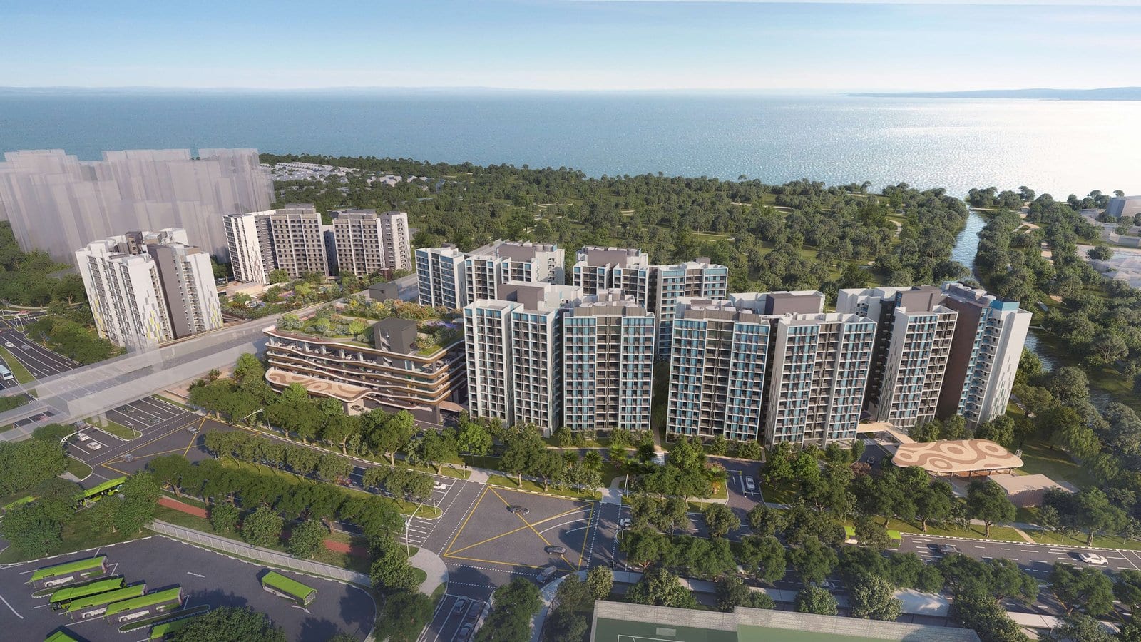 HDB's artist's impression of Costa Riviera I & II: an aerial view of the blocks near the coast.