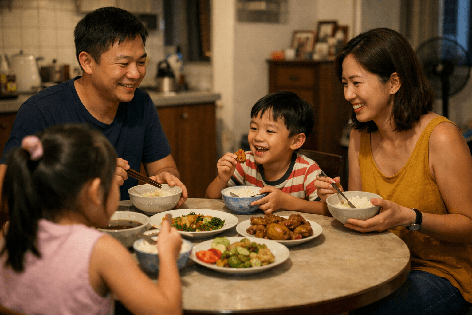 A family of four having dinner together at home in their HDB flat.