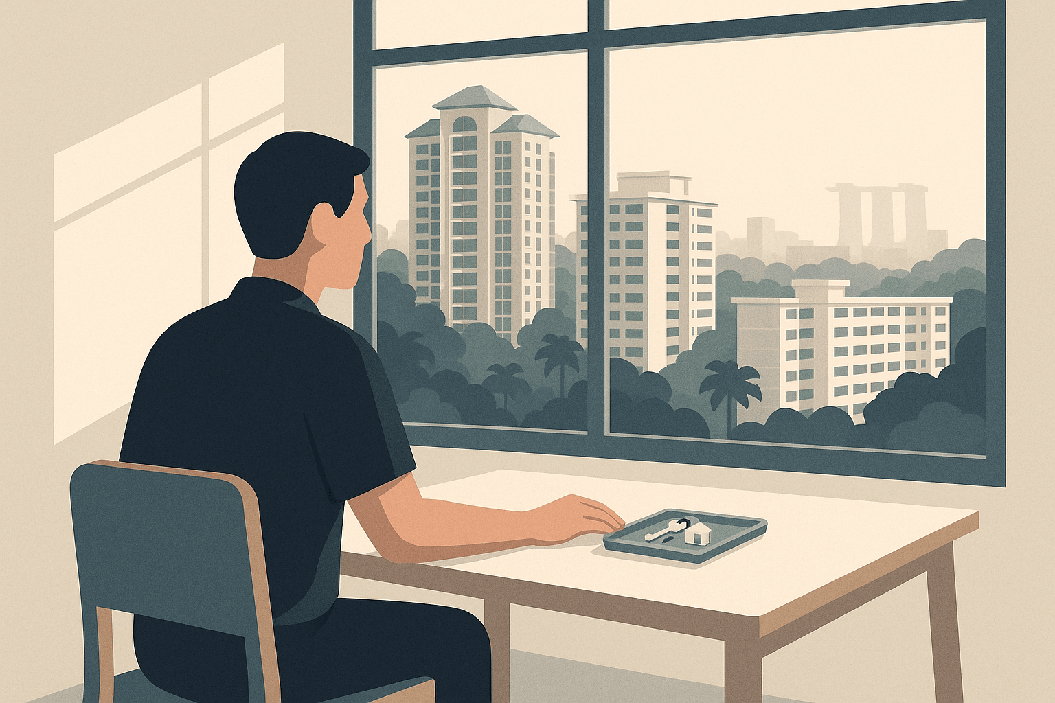 Illustration of a Singapore homeowner sitting by a window with house keys on the table, looking out toward HDB blocks and condominium towers in a calm residential skyline.