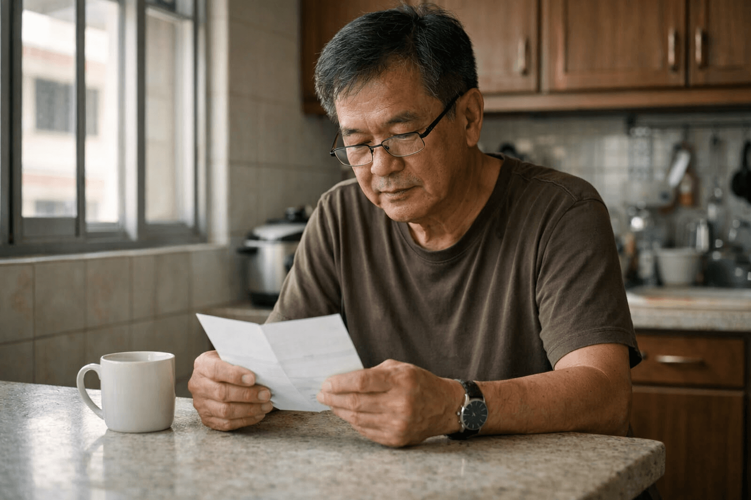 A Singaporean man in his fifties reading a letter at the kitchen counter of his HDB flat.