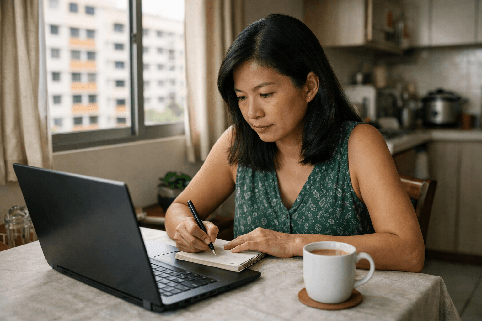 A woman in her forties checking figures on a laptop at a table in her HDB flat.