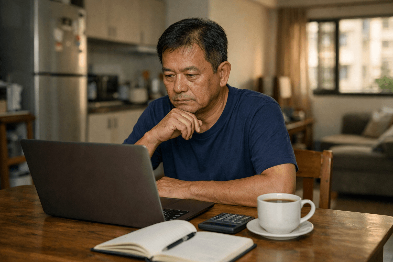 A person reviewing their home finances on a laptop at a dining table in an HDB flat.