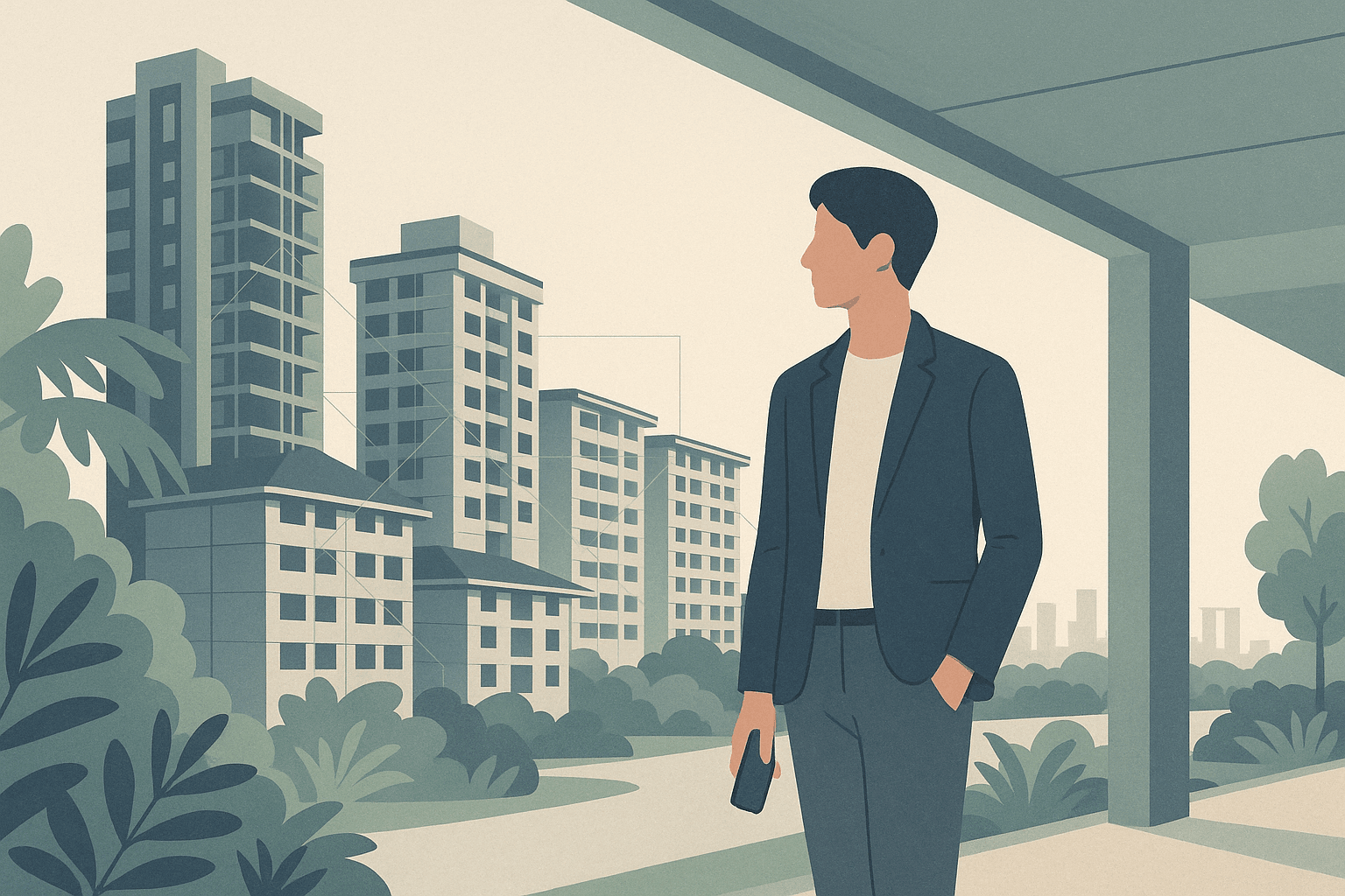 A Singapore property agent stands along a sheltered walkway with greenery, framed by condominium towers and HDB blocks, with subtle line-work linking the homes in a calm editorial city scene.