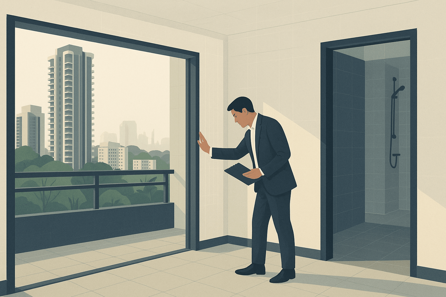 A property agent or buyer inspecting the window area and bathroom threshold inside a newly handed-over Singapore condo, with condo towers, HDB blocks, and tropical greenery visible outside.