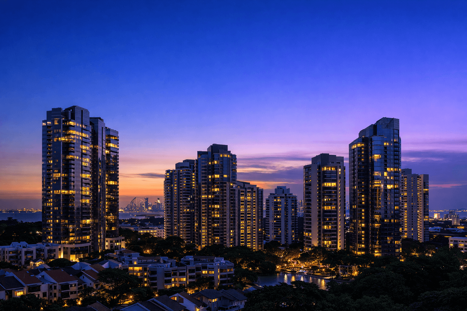 An older 1990s Singapore condominium framed against a newer glass development behind it.