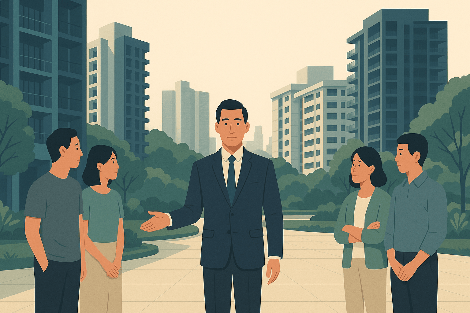 Editorial illustration of a Singapore property agent standing neutrally between two client groups in a landscaped residential courtyard, with condominium towers, HDB blocks, and tropical greenery in the background.