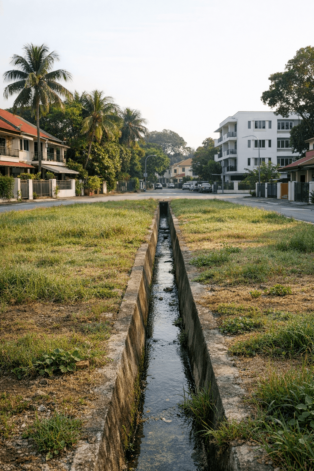 A small vacant grassy plot beside a narrow open drain on a quiet eastern Singapore street lined with low-rise homes