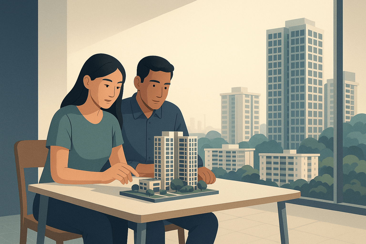 An engaged couple sit by a window in a calm apartment interior, planning together over a small residential model with Singapore condominium towers, HDB blocks, greenery, and a faint city skyline in the background.