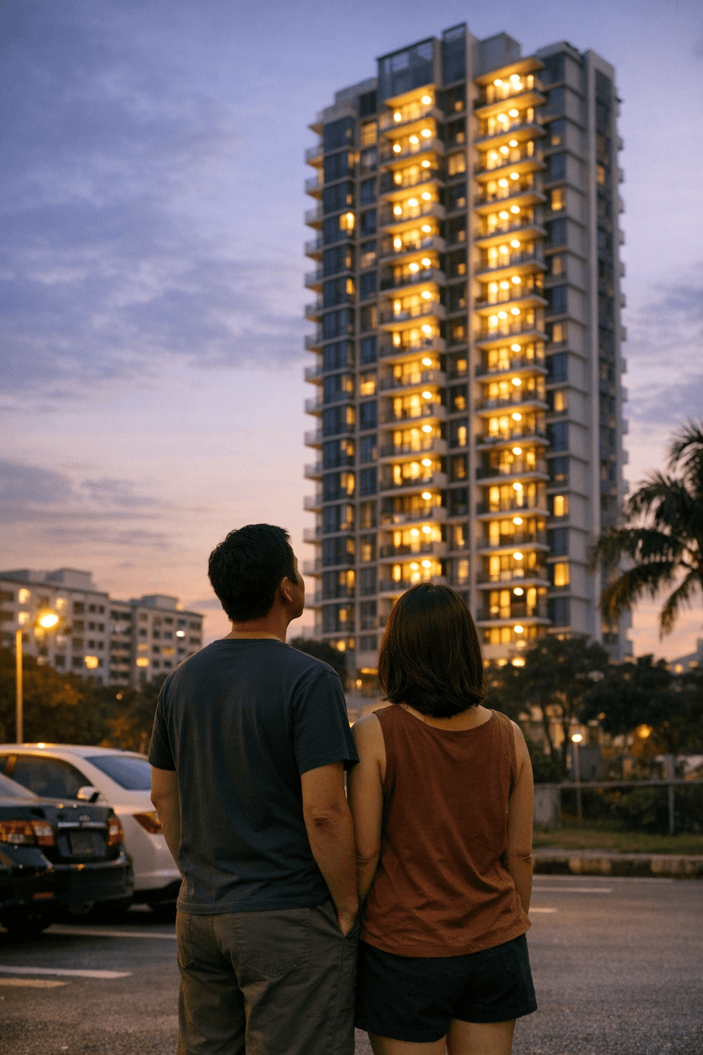 A couple looking up at a newly completed executive condominium tower at dusk in suburban Singapore
