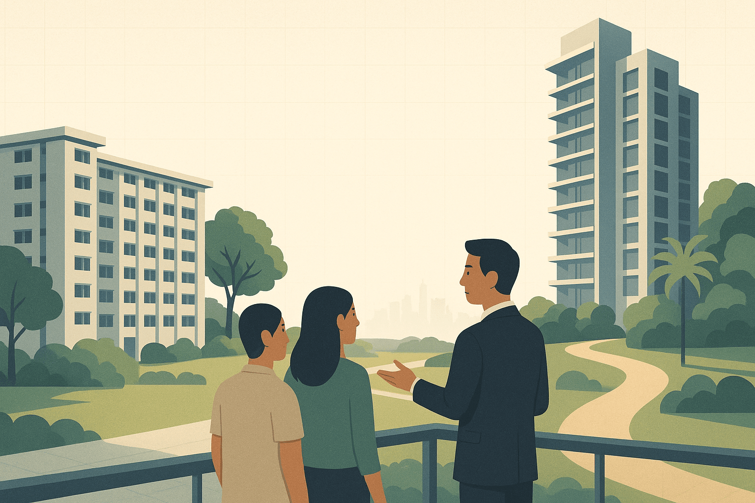 A property agent and couple overlooking a Singapore neighbourhood where HDB blocks transition to newer condominium towers, with greenery and a calm city skyline in the distance.
