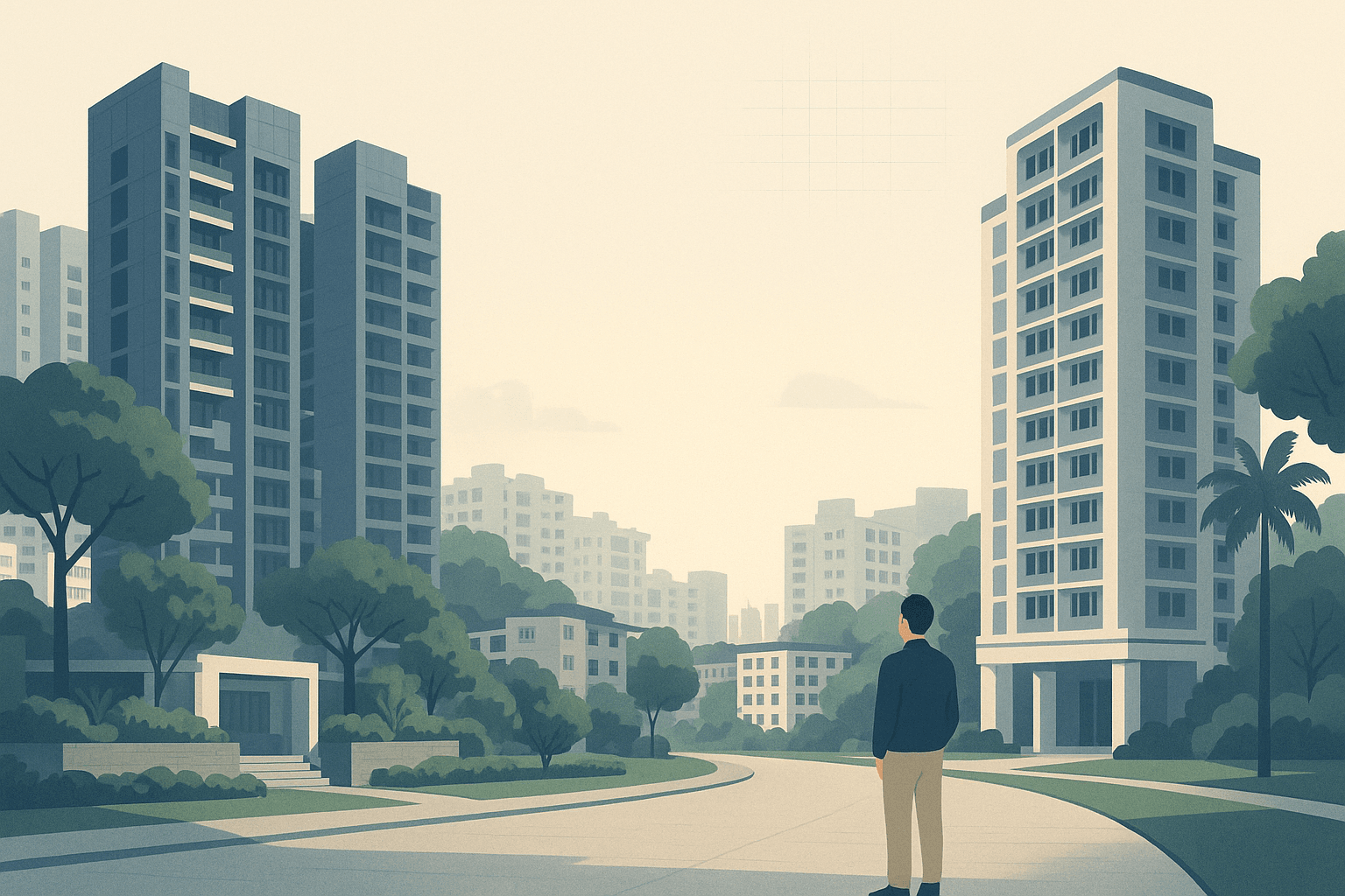 A single person stands on a quiet path looking toward three different Singapore residential developments, with newer towers set behind a controlled entrance, a more open mature estate, and a condo-like tower framed by greenery and distant city silhouettes.
