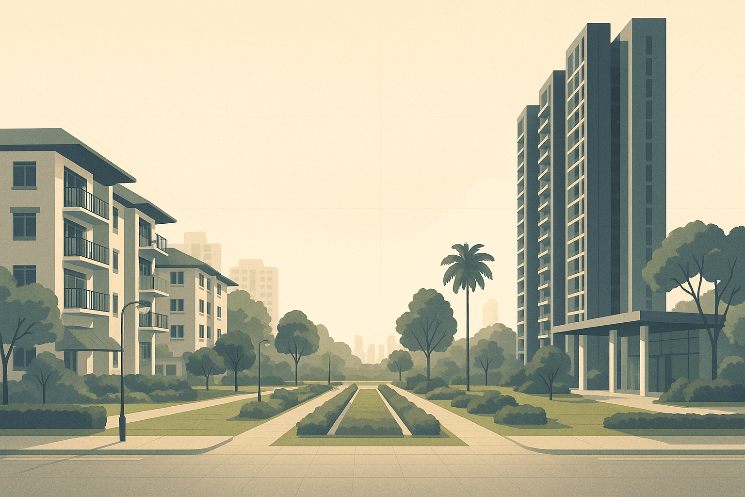 Editorial illustration of a Singapore neighbourhood with a landscaped promenade between a family-oriented condo beside HDB blocks and a sleeker private condominium cluster, framed by tropical greenery and a faint city skyline.