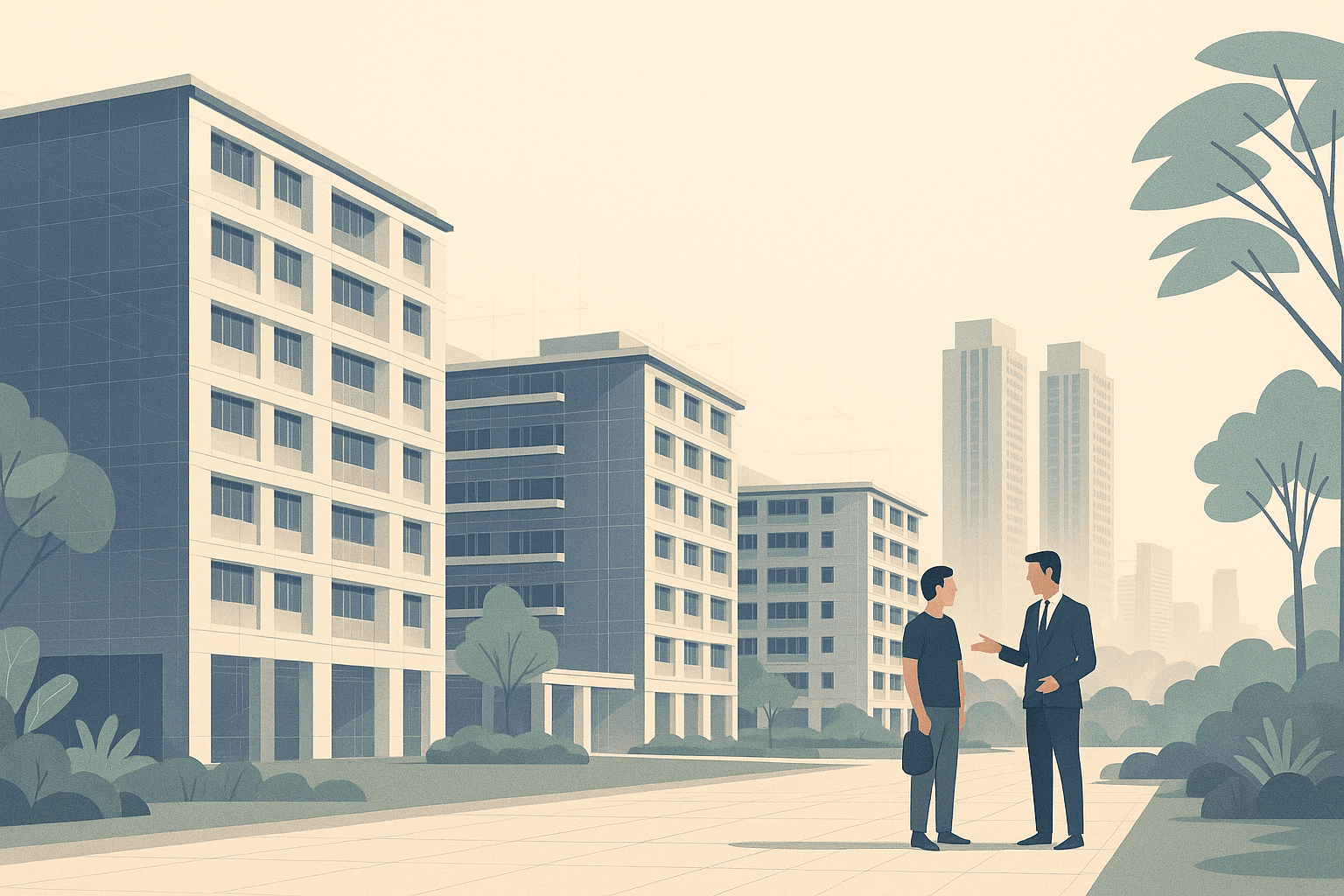 A single homebuyer speaking with a property agent along a landscaped walkway beside HDB blocks, with condominium towers and tropical greenery in a calm Singapore city backdrop.