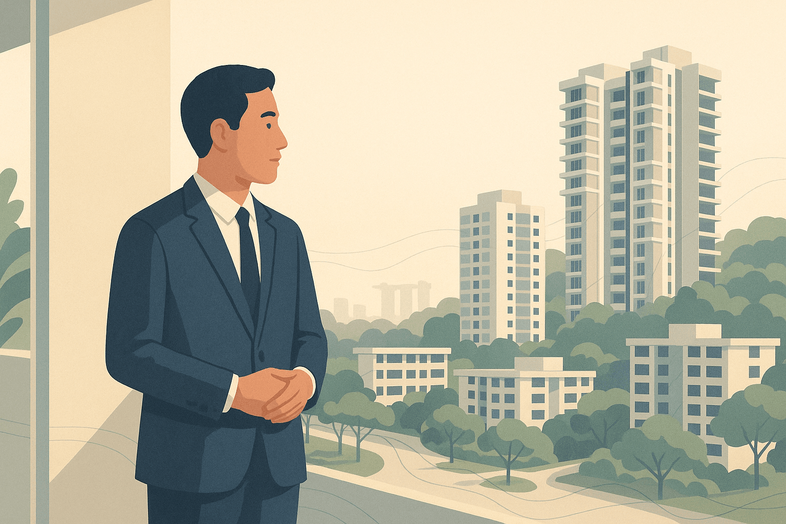 A Singapore property agent looking out over a calm residential scene of HDB blocks, condo towers, and greenery, with subtle map-like linework woven into the landscape.