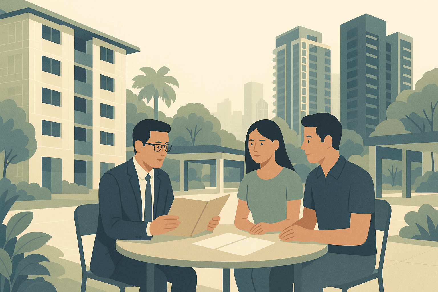 Property agent with a young couple reviewing blank documents at an outdoor table, set against Singapore HDB blocks, condominium towers, and tropical greenery.
