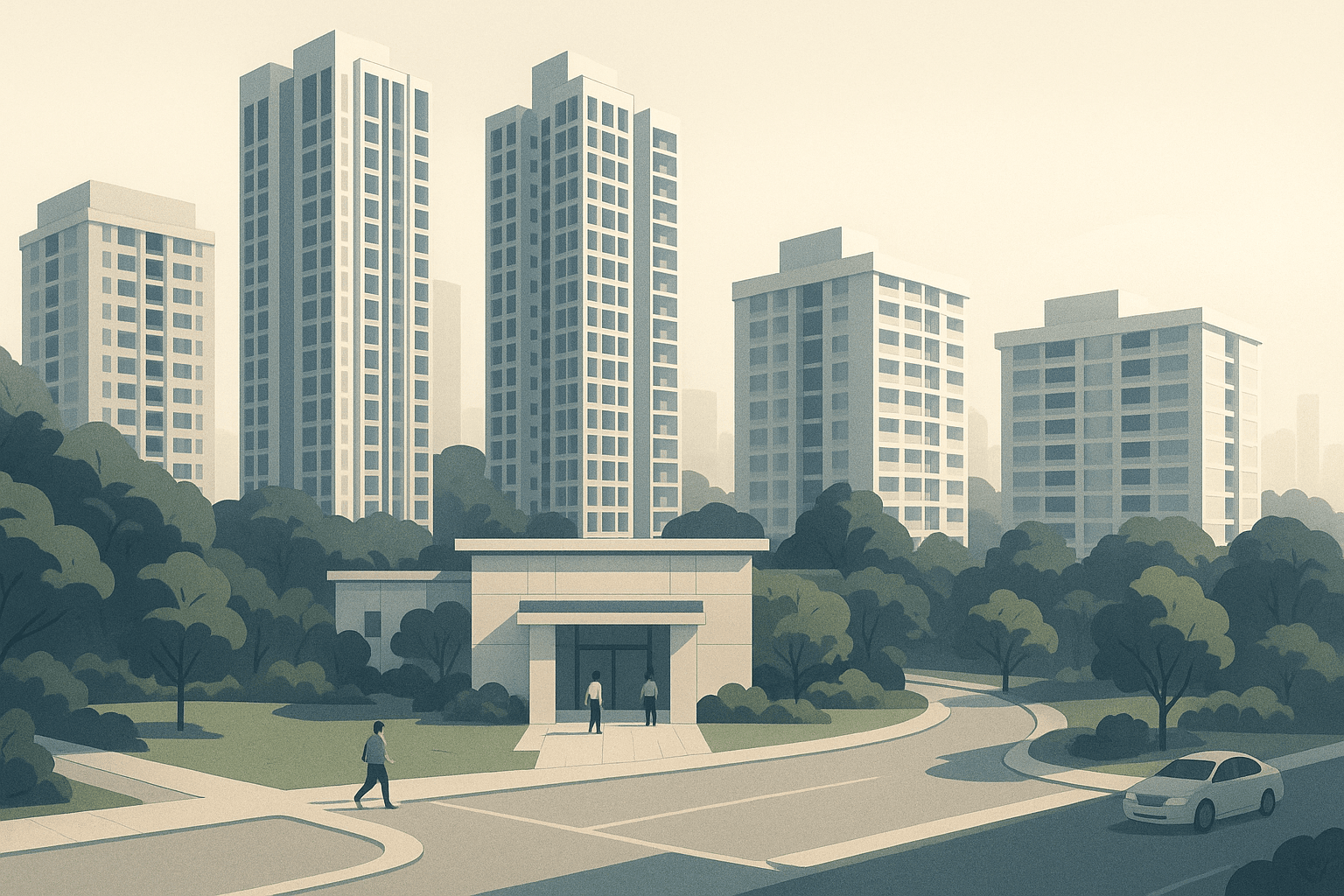 A calm illustrated Singapore neighbourhood with condominium towers, HDB blocks, tropical greenery, and several pathways converging toward one central residential entrance.