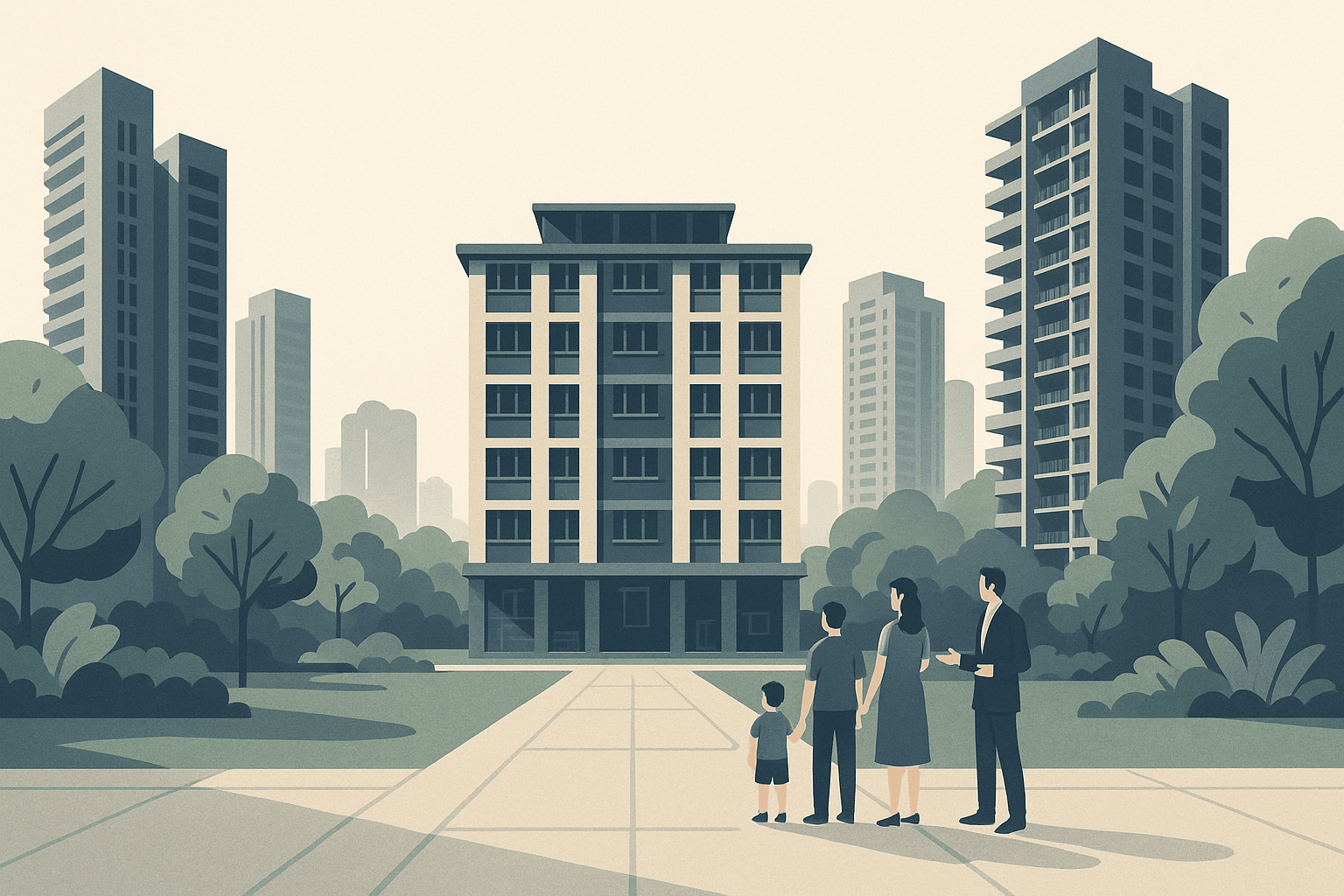 A calm Singapore residential scene with a family and agent facing an HDB block, flanked by condominium towers, tropical greenery, and subtle architectural details suggesting careful planning.