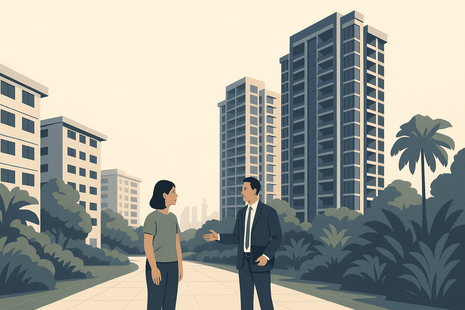 Editorial illustration of a property agent speaking with a resident on a landscaped Singapore condo walkway, with condominium towers, distant HDB blocks, and tropical greenery in the background.