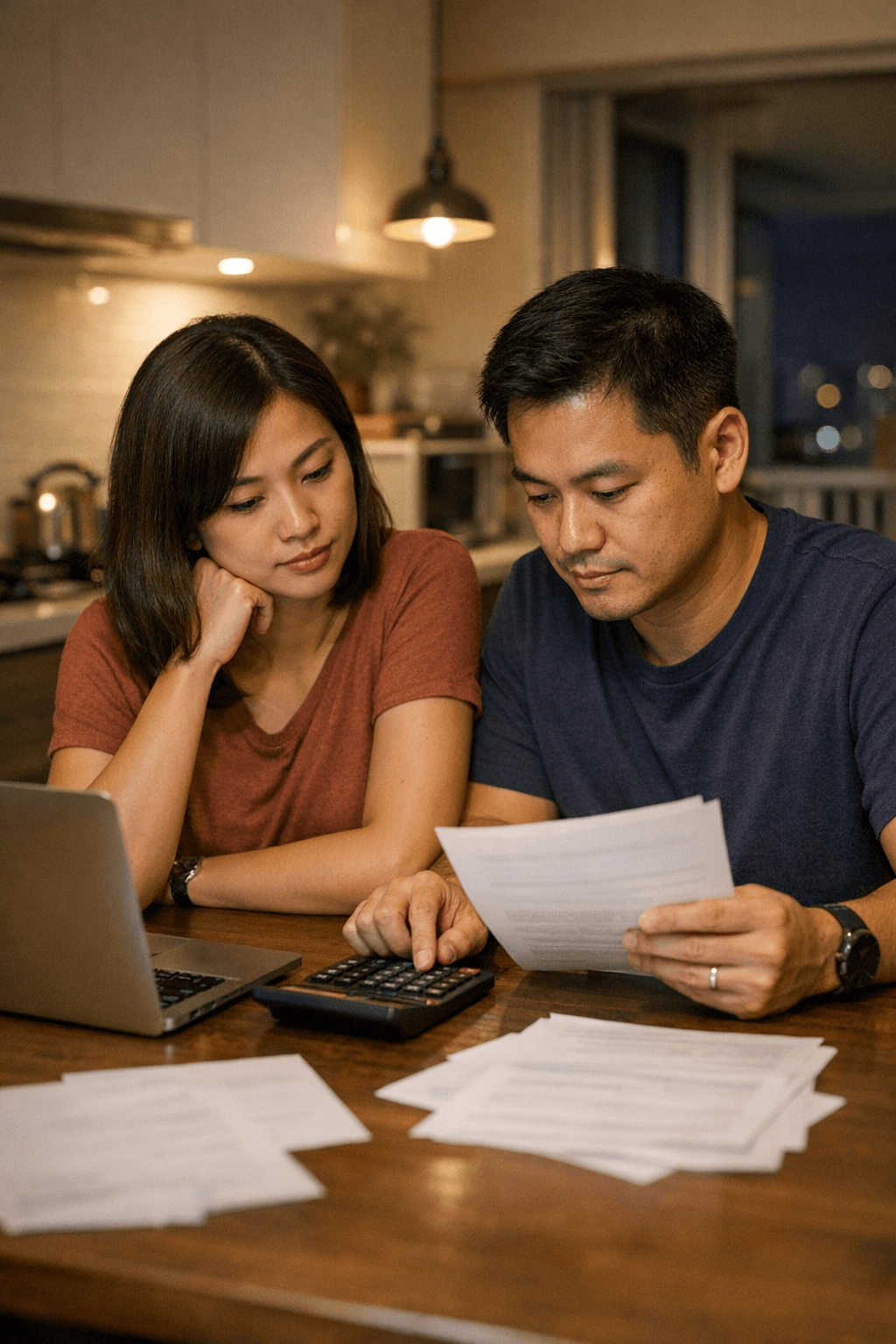 A couple at a kitchen table in a Singapore flat going through home loan paperwork and a calculator in the evening