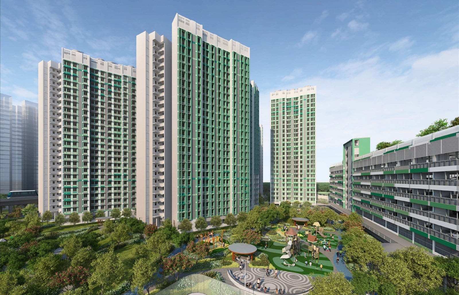 HDB's artist's impression of Fernvale Oasis: green-accented blocks above a landscaped park and playground.