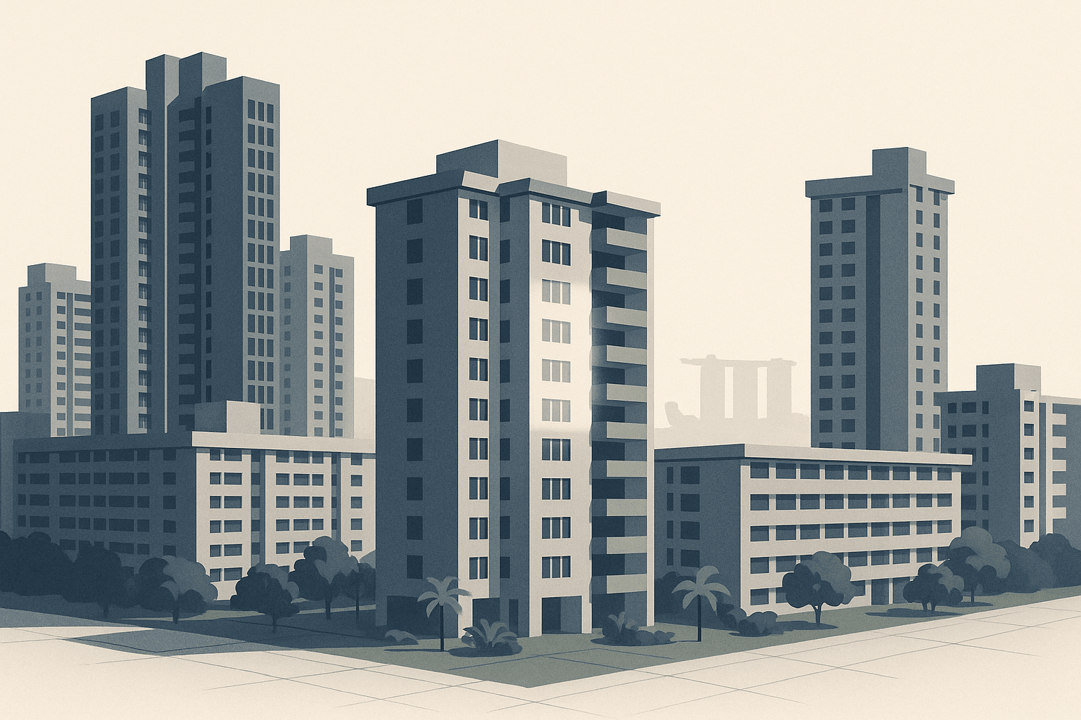 Editorial illustration of Singapore condominium towers and HDB blocks with one residential building subtly highlighted, surrounded by tropical greenery and a faint city skyline in the distance.