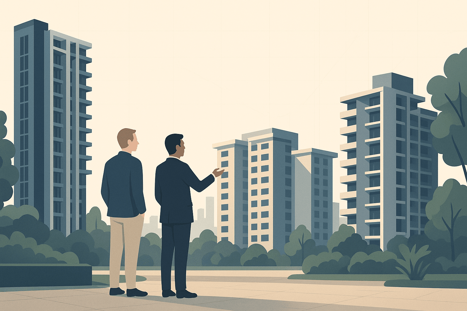 A foreign home buyer and a Singapore property agent stand in a landscaped residential setting overlooking condominium towers, nearby HDB blocks, and a faint Marina Bay skyline.