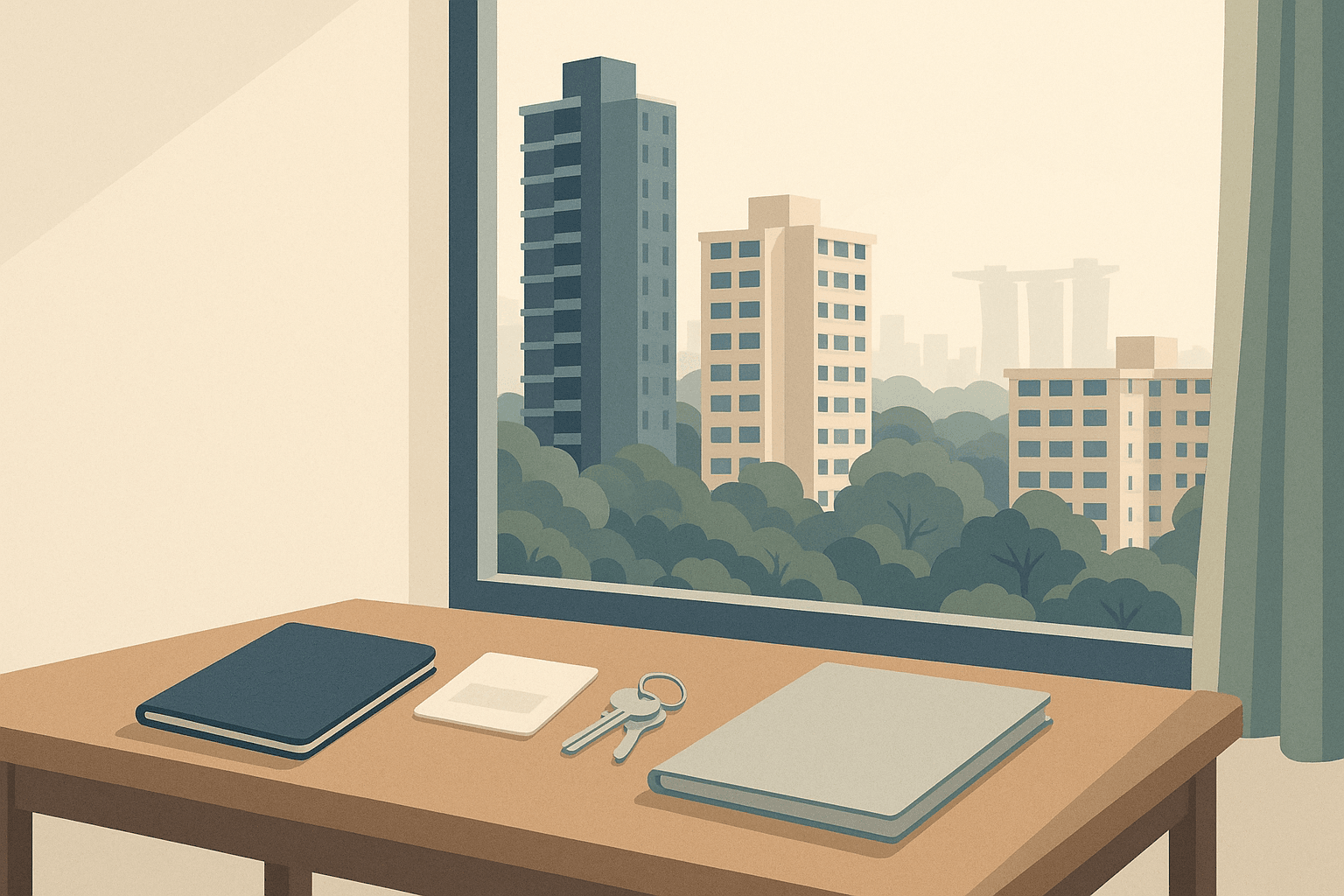 A passport, blank work-pass-style card and apartment keys on a side table beside a window overlooking Singapore condo towers and HDB blocks with tropical greenery.
