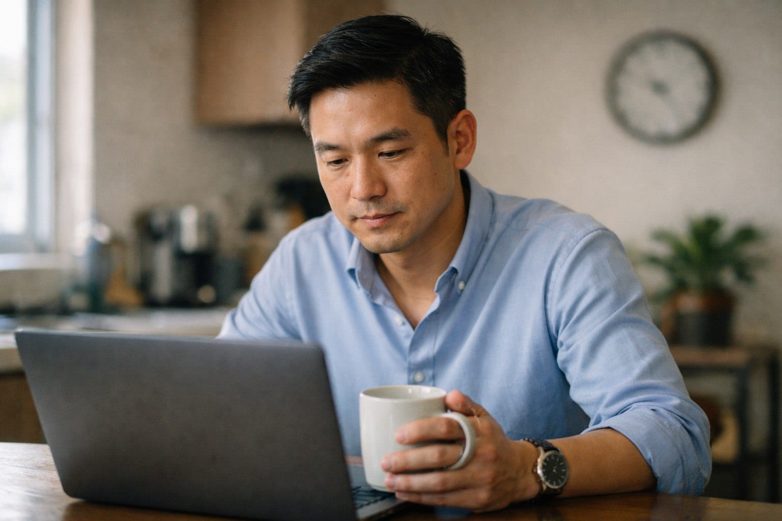 A property agent comparing options on a laptop at a kitchen table, morning coffee beside it.