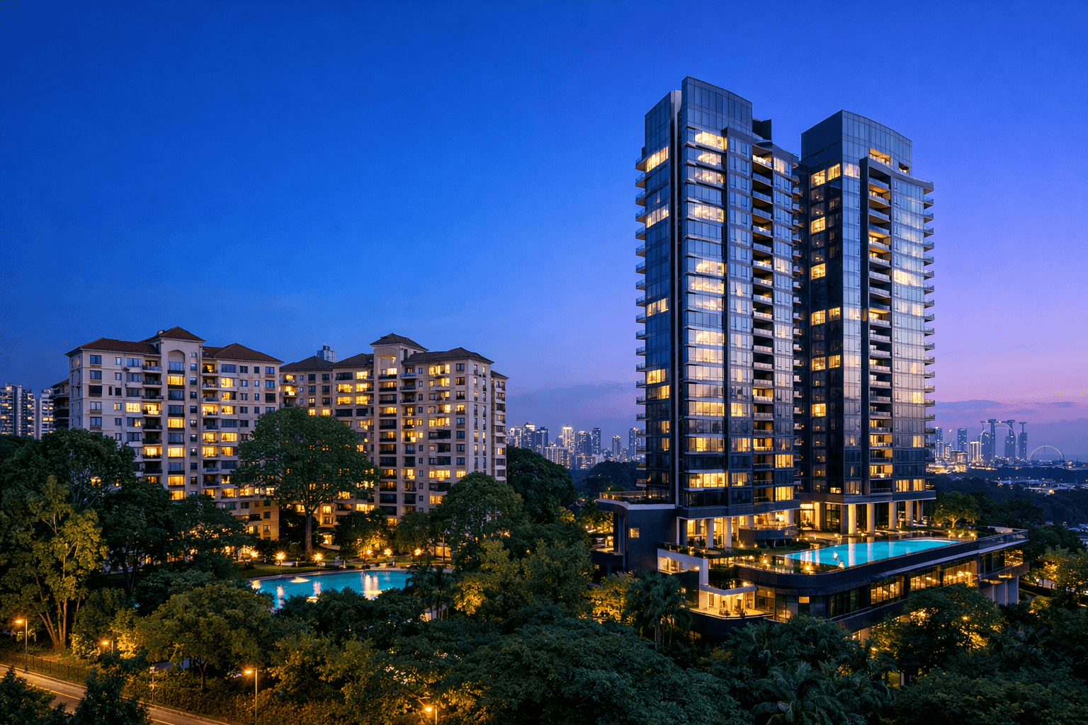Two adjacent Singapore condominiums, one older and one newer, side by side.