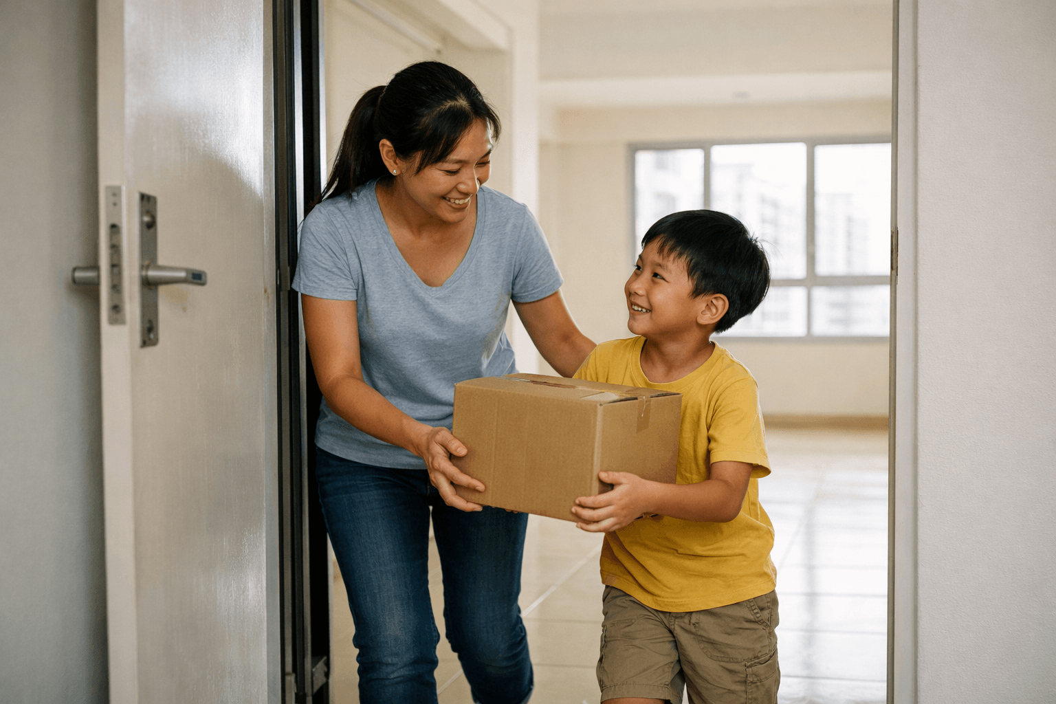 A mother and her young son carrying a small box into the doorway of a new HDB flat.