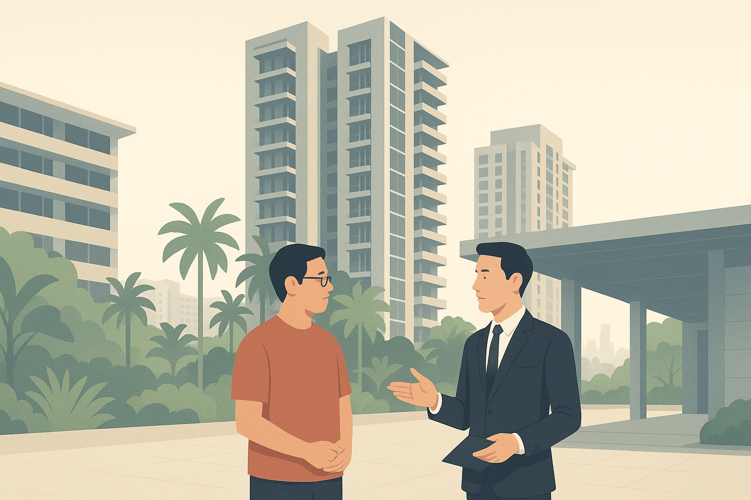 A property agent having a calm conversation with a homeowner in a Singapore residential setting, with condo towers, HDB blocks, and tropical greenery in the background
