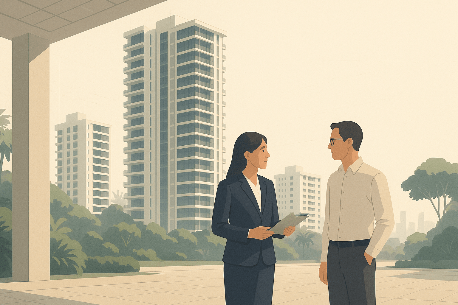 A property agent speaking with an international buyer at a condominium forecourt, with Singapore condo towers, HDB blocks, tropical greenery, and a faint city skyline in the background.