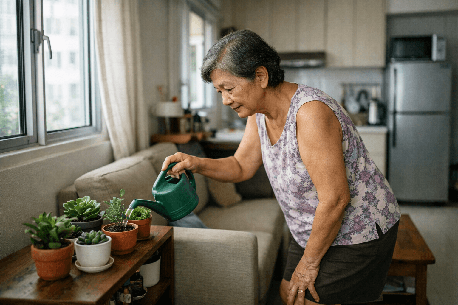 A senior at home in a small, bright HDB flat watering potted plants on a shelf.