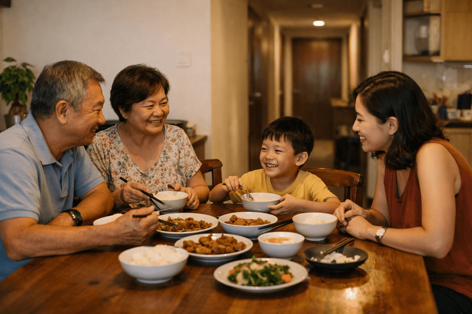 Three generations of a family sharing a meal at the dining table of a spacious HDB flat.