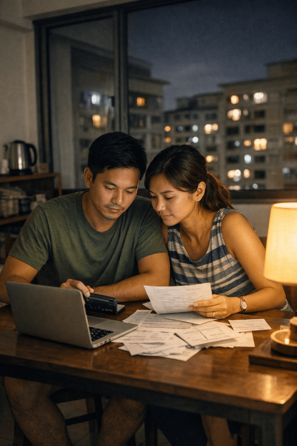 A young Singaporean couple going through their household budget at a dining table in an HDB flat at night