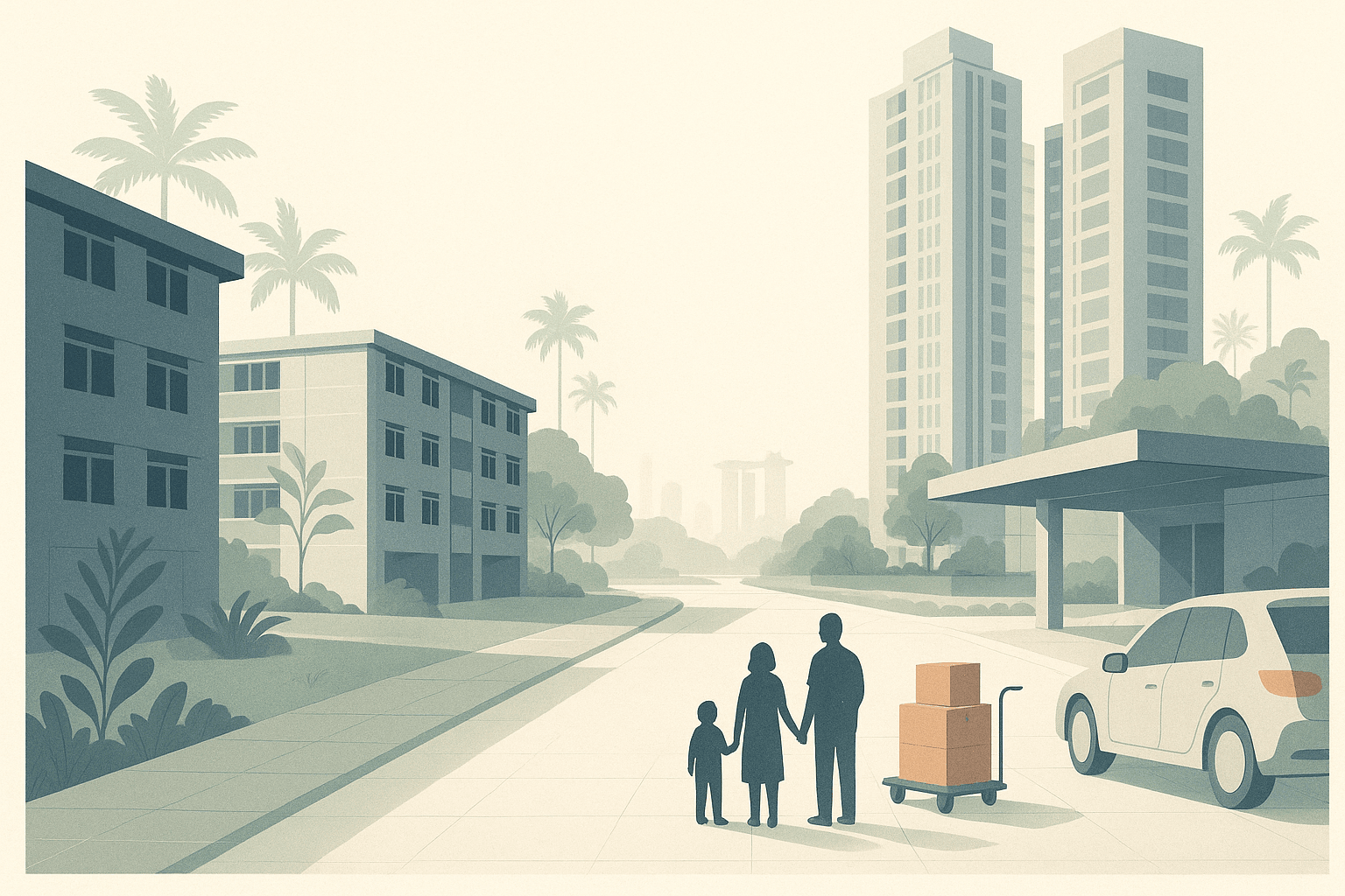Editorial illustration of a Singapore neighbourhood with HDB blocks on one side, condominium towers on the other, and a calm moving scene along a landscaped path between them.