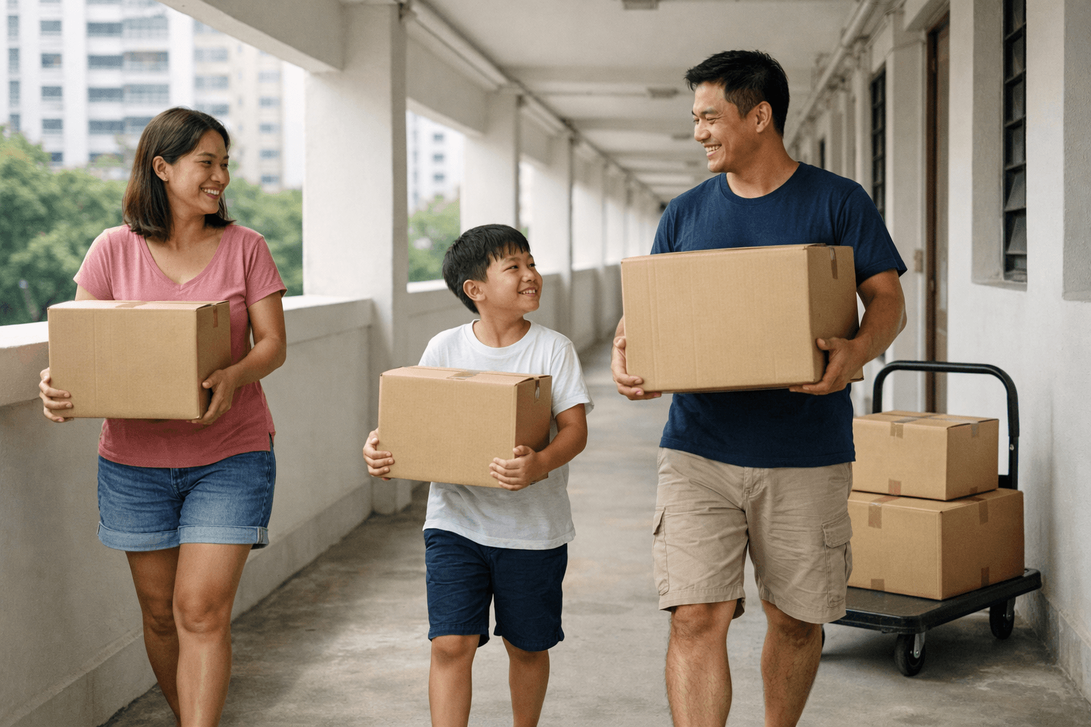A family carrying moving boxes along the common corridor of an HDB block on moving day.