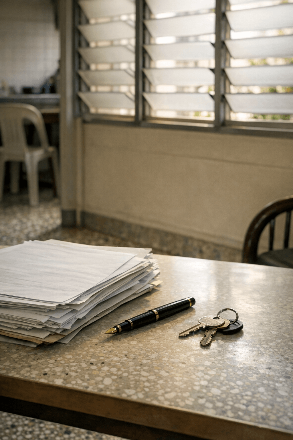 Documents, a pen and a set of flat keys on a table inside an older Singapore HDB flat